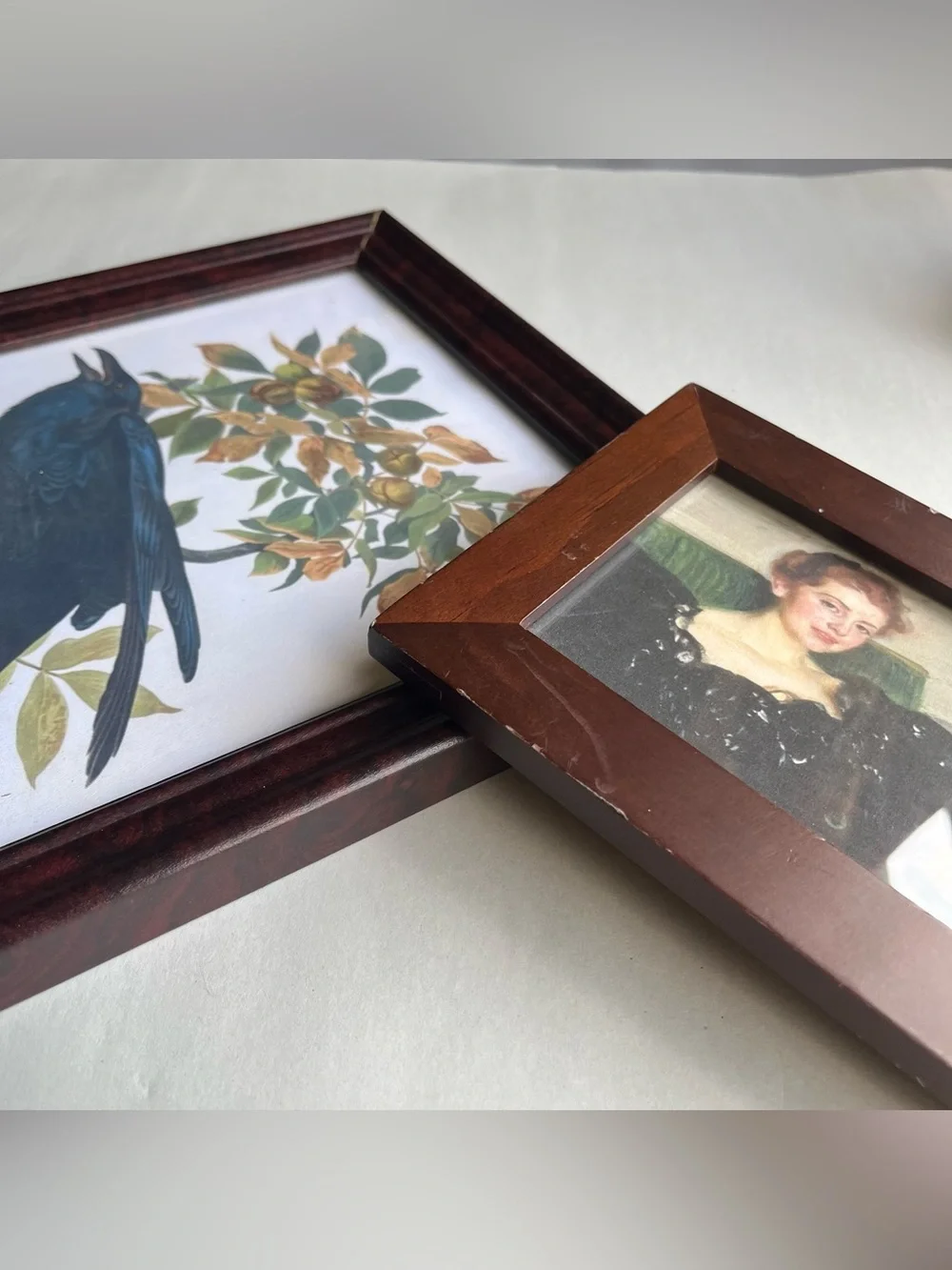 Vintage Wood Picture Photo Frames w/ Fine Art Prints-Set of 2